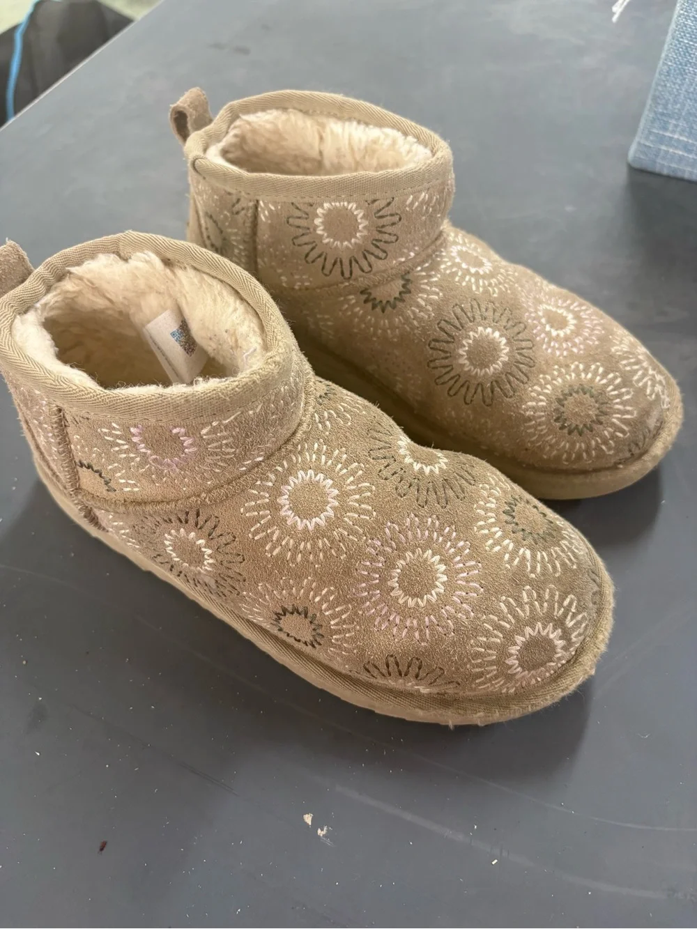 UGG Classic Ultra Mini Sun Stitched Tan Suede Embroidered Short Boot Size 2